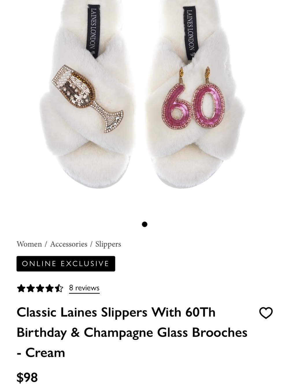 Laines London Cream Plush Slippers with 60 & Champagne Brooches